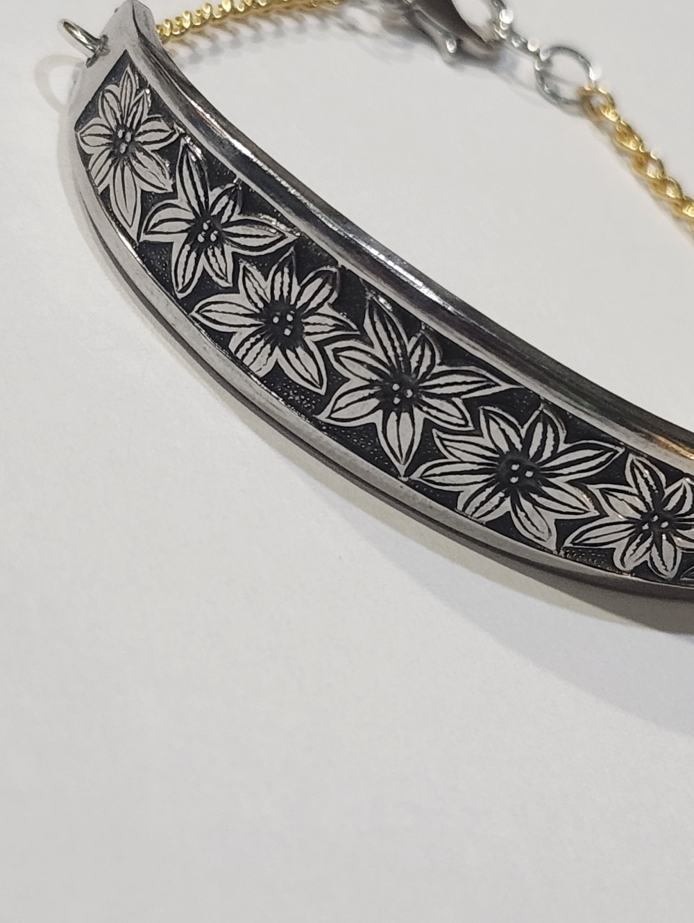 Floral Engraved Silver-Tone Cuff Bracelet with Gold Accent Chain - Picture 2 of 3